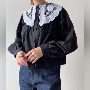 Zara Black Top with White Lace Trim